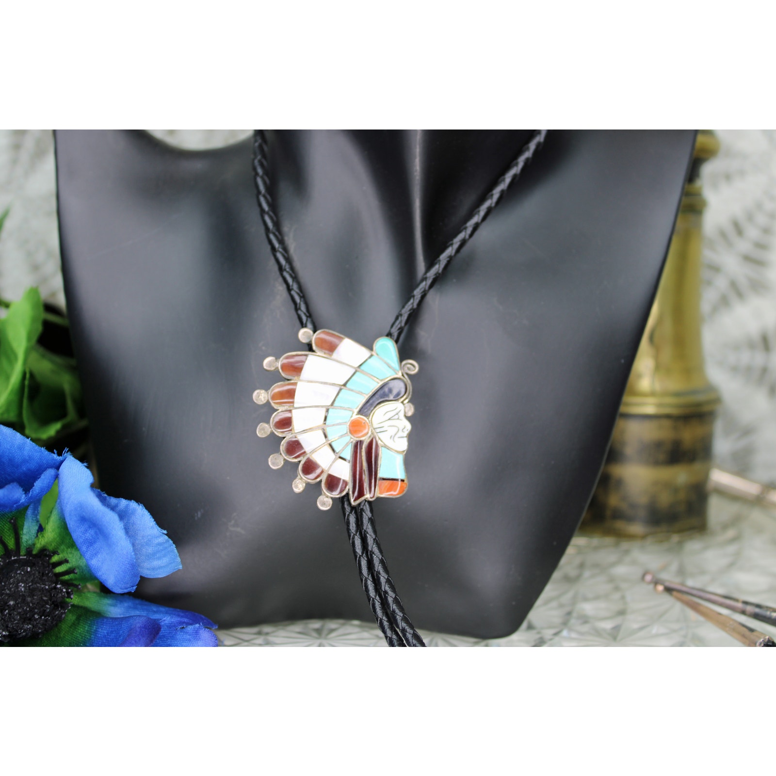 Vintage Zuni Sterling Silver Multi-Stone Inlay Chief Profile Bolo Tie — image 3 of 7